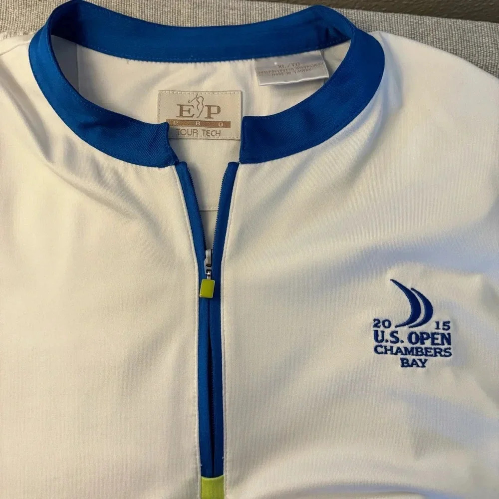 EP Pro Tour Tech Size XL Ladies Golf Shirt. White and Blue with‎ Green Stripe.